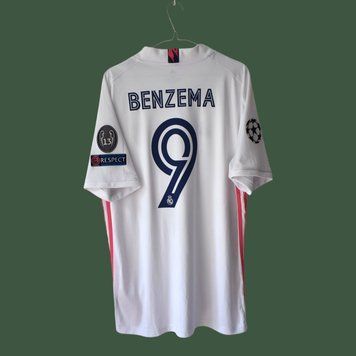 Real Madrid 2020-2021 hjemmebanetr&oslash;je Adidas i st&oslash;rrelse XL med Karim Benzema p&aring; ryggen 5006 FOTO